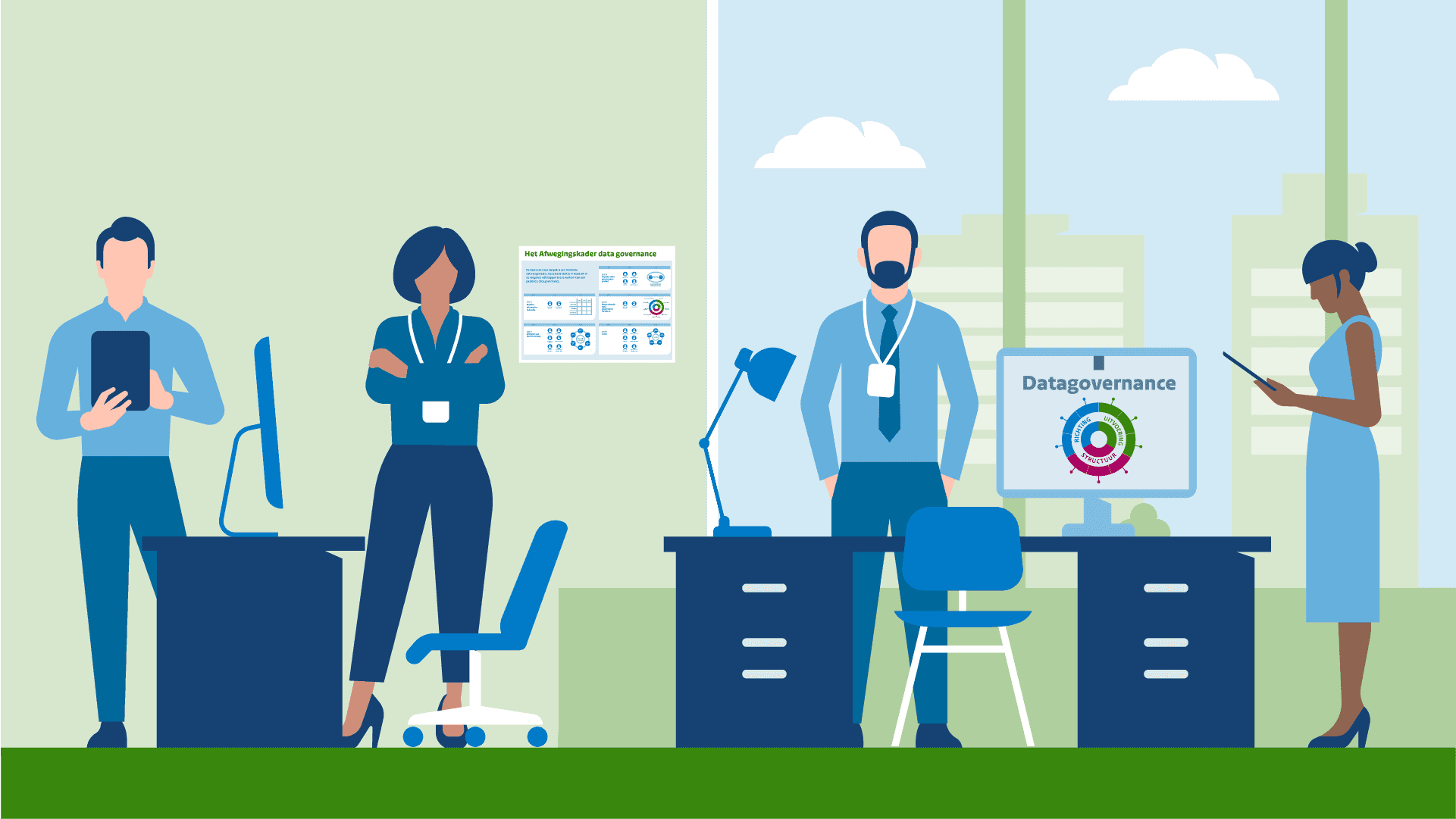Illustratie van een kantooromgeving waarin medewerkers samenwerken rond data governance. Op een beeldscherm staat de tekst ‘Data governance’ met symbolen voor beveiliging, samenwerking en besluitvorming. Op de achtergrond zijn werkplekken, ramen en een infographic zichtbaar.