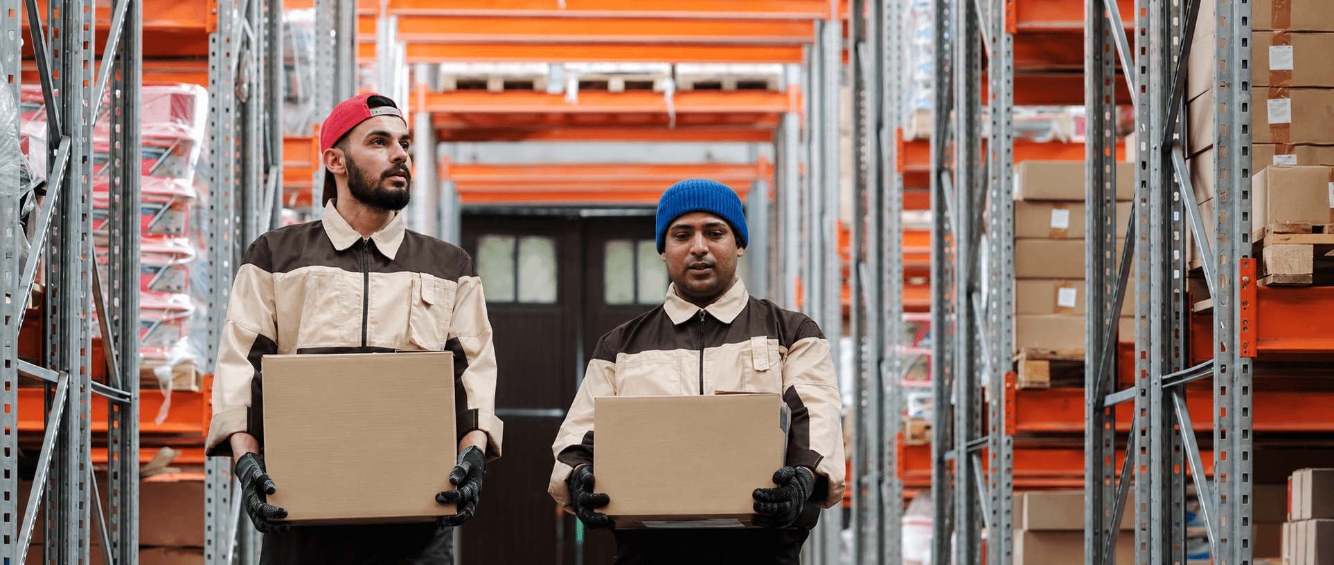 2 mannen met pakjes in distributiecentrum