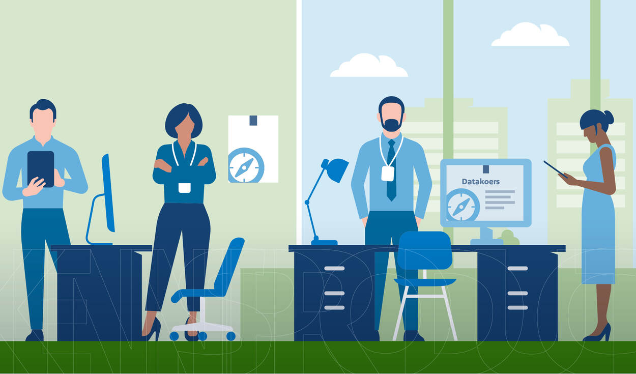 illustratie in blauw- en groentinten bij begrip 'datakoers'