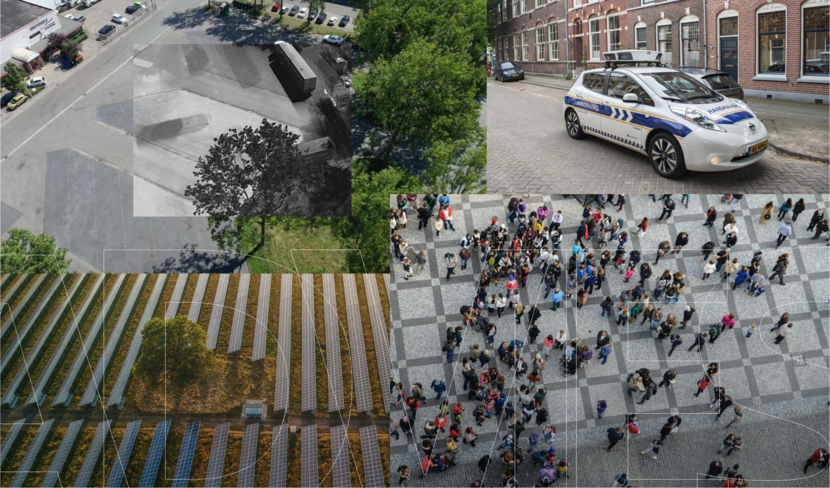 collage van foto's van dronebeelden en een camera-auto